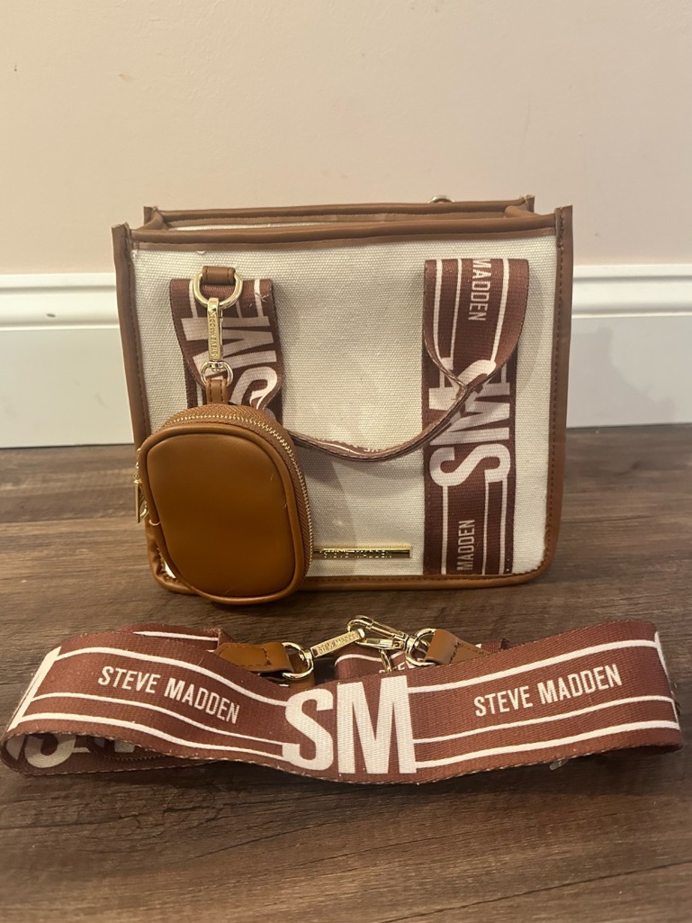 Steve Madden Cream Canvas Tote with Brown Trim and Gold Plaque